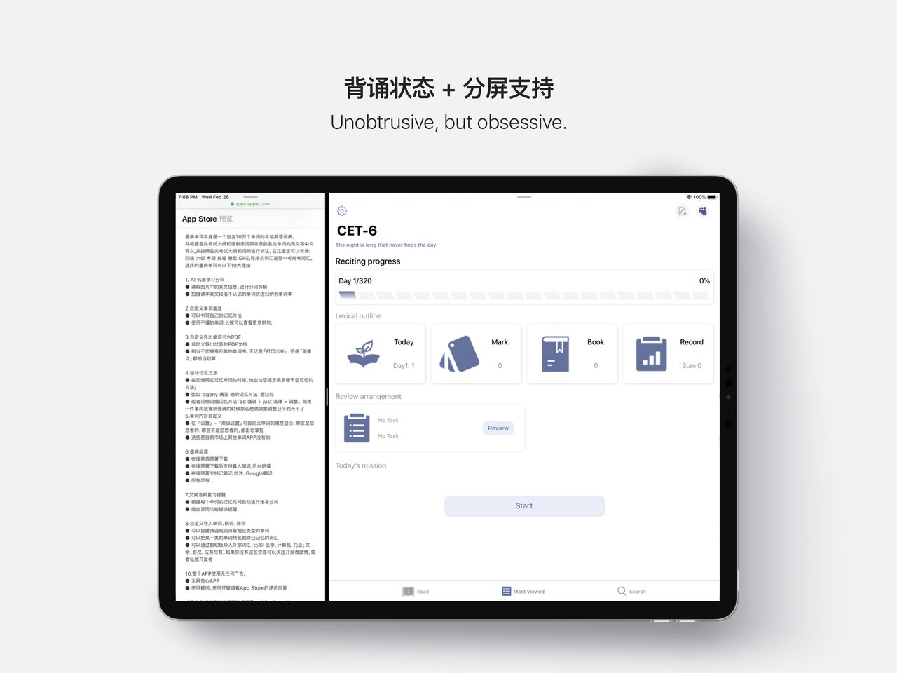 墨典单词在 iPad 分屏下的背诵界面，左侧网页右侧显示 CET-6 词库的当日学习进度与复习安排
